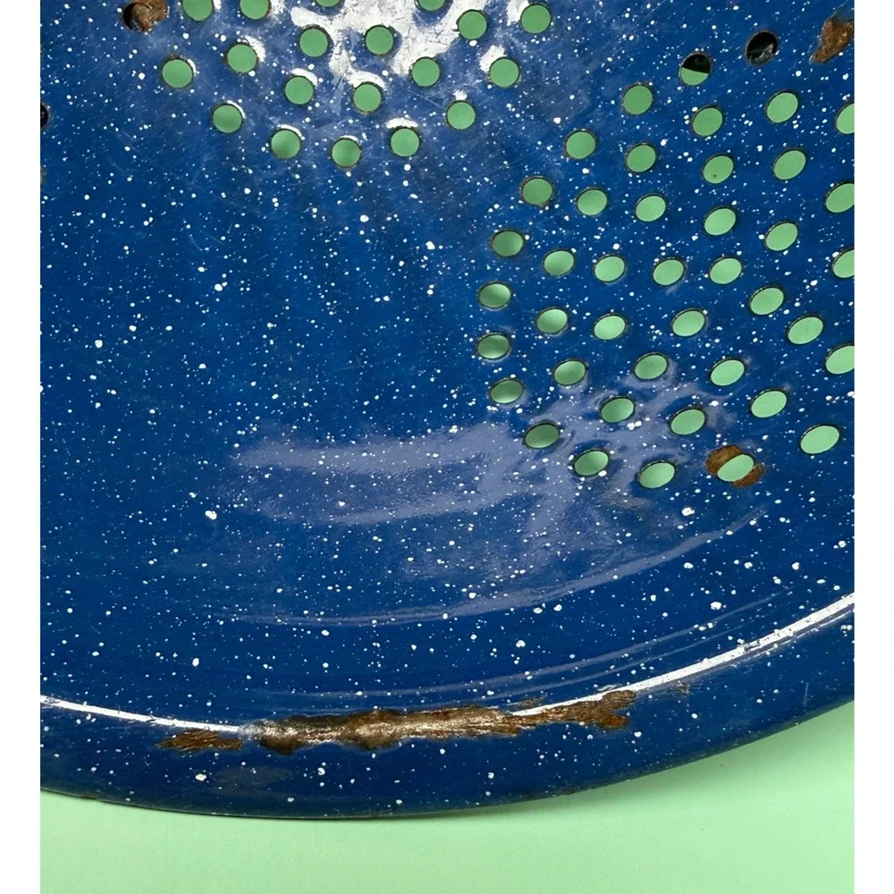 Vintage Teal Blue Speckled Graniteware Enamelware Colander Farmhouse Rustic Prim